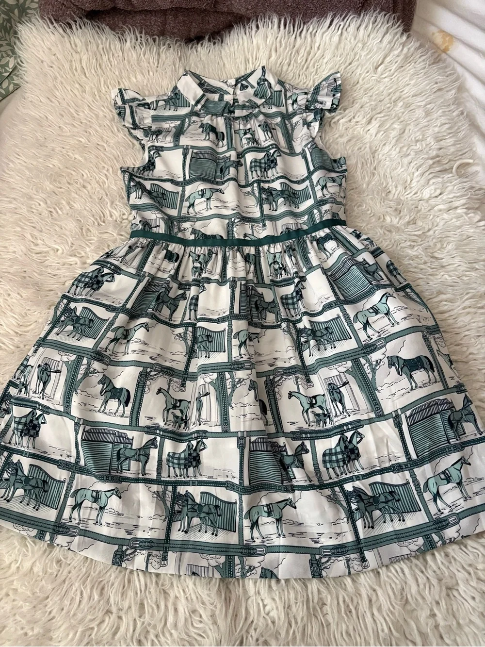 Janie and Jack Teal & White Horse-Print Flutter-Sleeve Dress 10